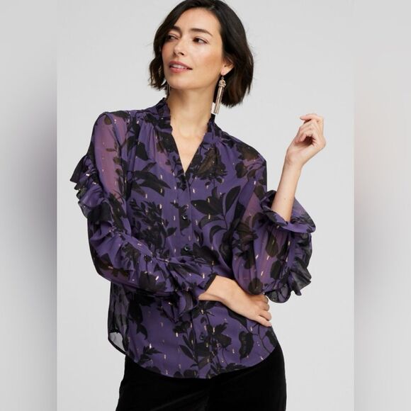 Chico’s Sheer Chiffon Ruffle Long Sleeve Top Size 18 Floral Purple Button Down - Picture 1 of 11